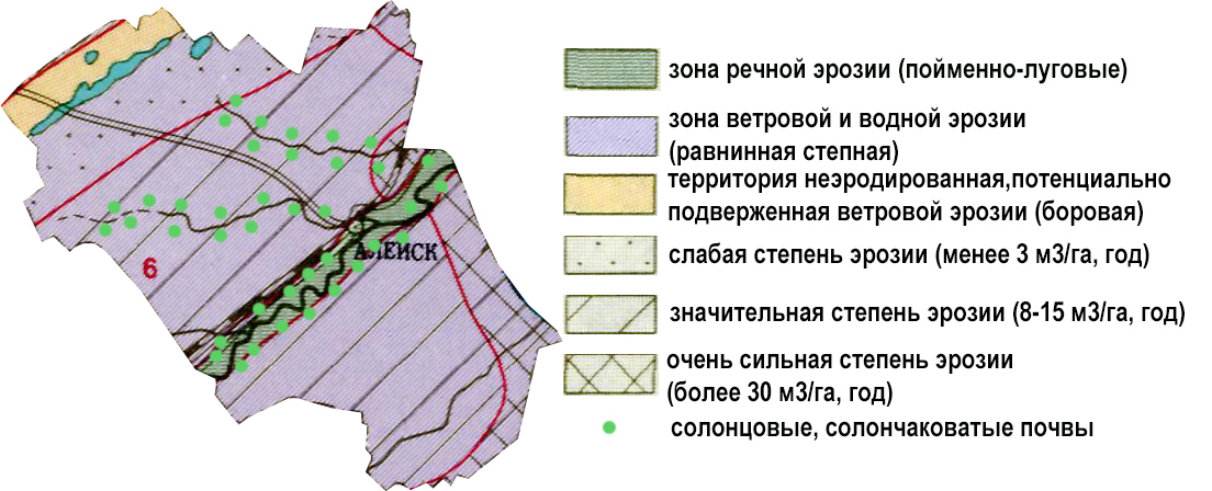 Расположение малопродуктивных и деградированных земель на территории Алейского района