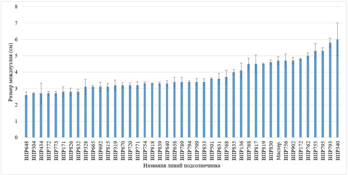 Распределение линий подсолнечника по средним за три года значениям длины междоузлия (Краснодарский край, Кубанская ОС – филиал ВИР)
