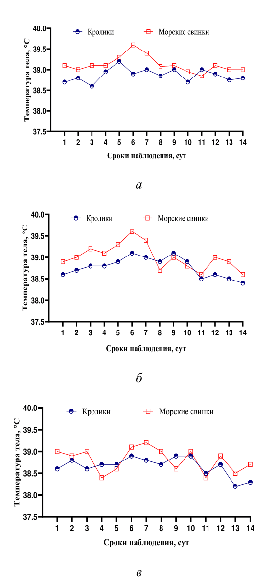 Температурная реакция животных на введение вакцинных препаратов: а – животные первой группы иммунизированные аттенуированным штаммом «CowPOX-CAM» вируса ОК (65 пассаж); б – животные второй группы иммунизированные штаммом «Биэмг-51» вируса осповакцины; в – контрольная группа животных, не иммунизированные