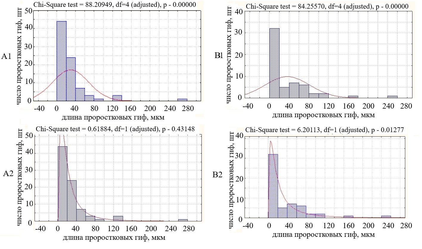 Аппроксимация распределения проростковых гиф в контроле с 1%-ным (А) и 2%-ным (В) содержанием сахарозы нормальным (1) и логнормальным распределением (2)