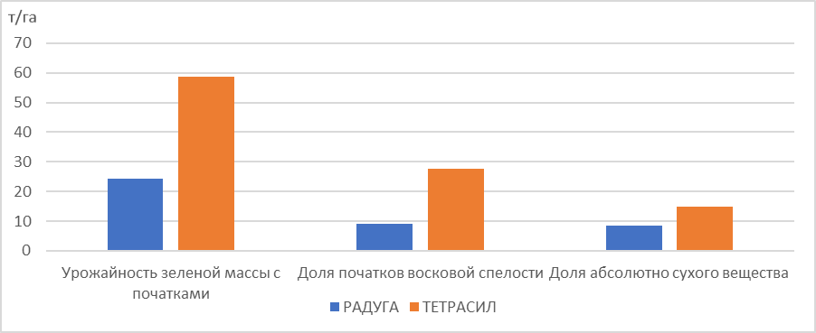 Структура урожая зеленой массы диплоидной (сорт Радуга) и тетраплоидной (сорт Тетрасил) кукурузы